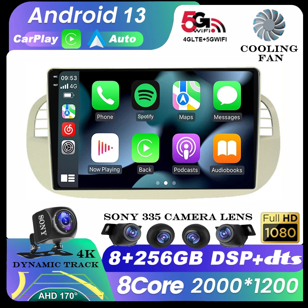 Android 13 Lettore Video Autoradio Stereo Per Fiat 500 Navigazione Gps Controllo Del Volante Multimediale Carplay Auto Bt Wifi + 4G