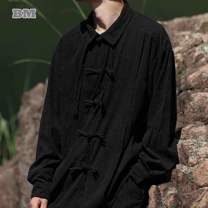 

Chinese Traditional Dress Spring Autumn Corduroy Long Sleeve Plus Size Lapel Shirt For Men Clothing Vintage Casual Coat Male Top