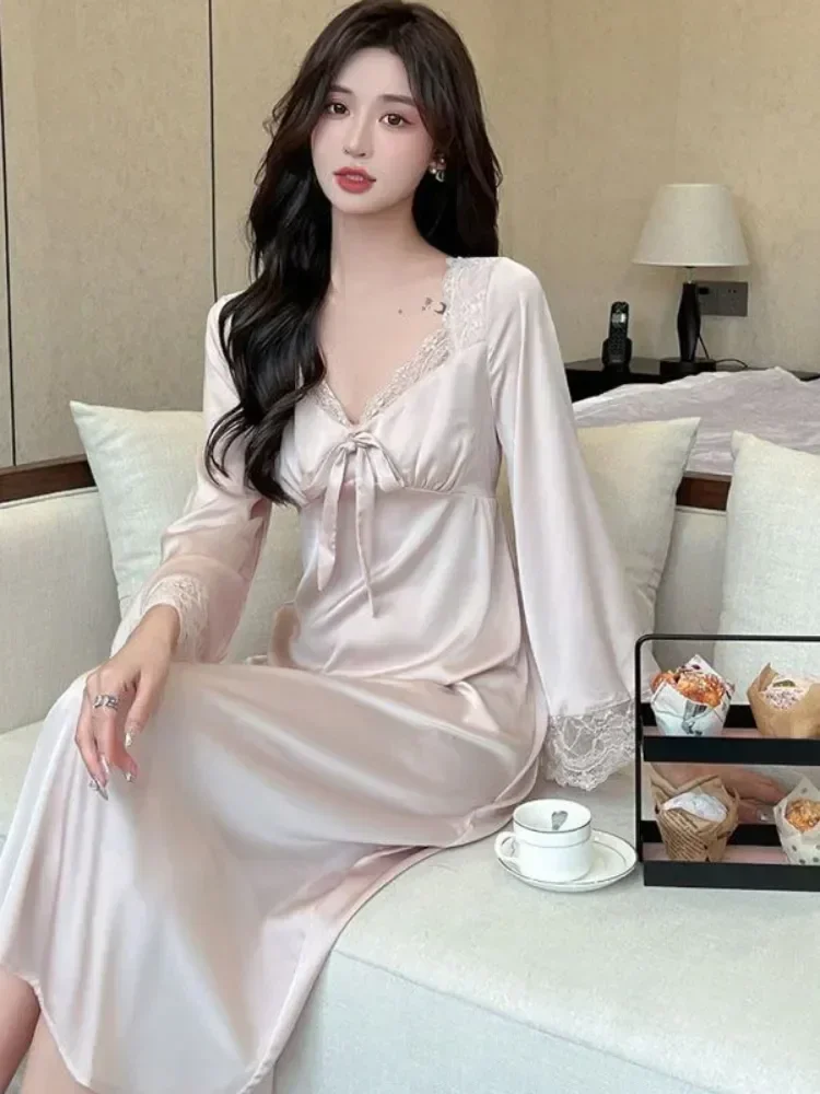 

Nightshirt Ladies Long Spring Nightgowns Dress Women's Satin Women Home & Sleepwear Autumn Causal Woman Sleeve Sleepshirts