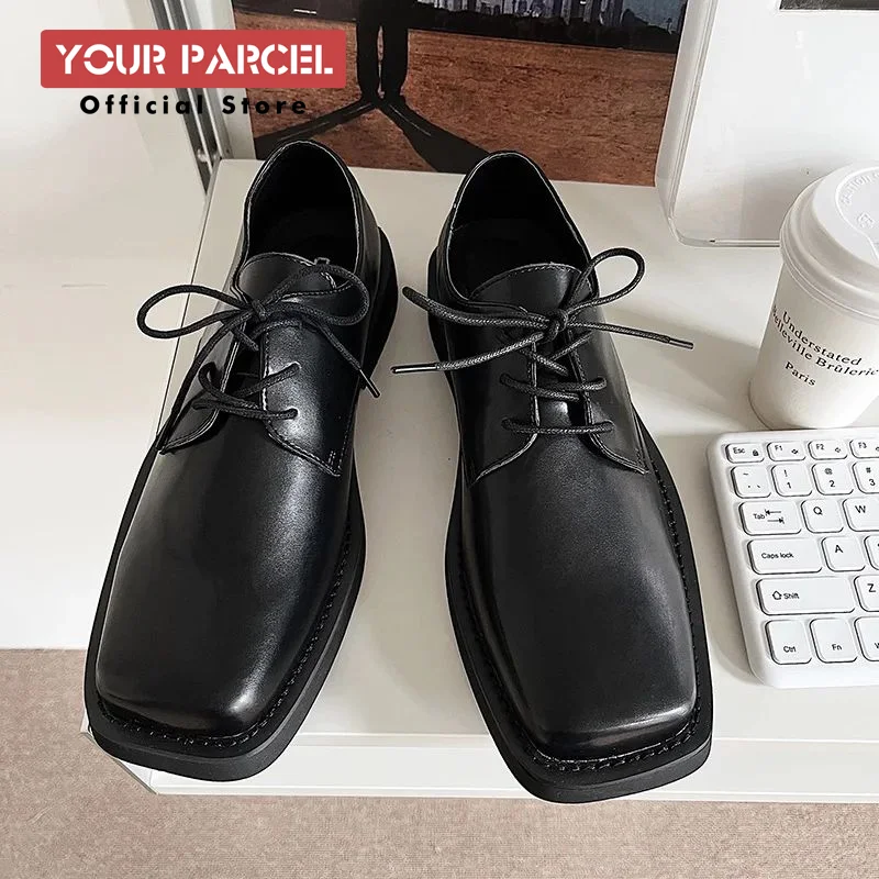 British style Japanese style small leather shoes, men's soft leather niche low top shoes, matte breathable square toe casual