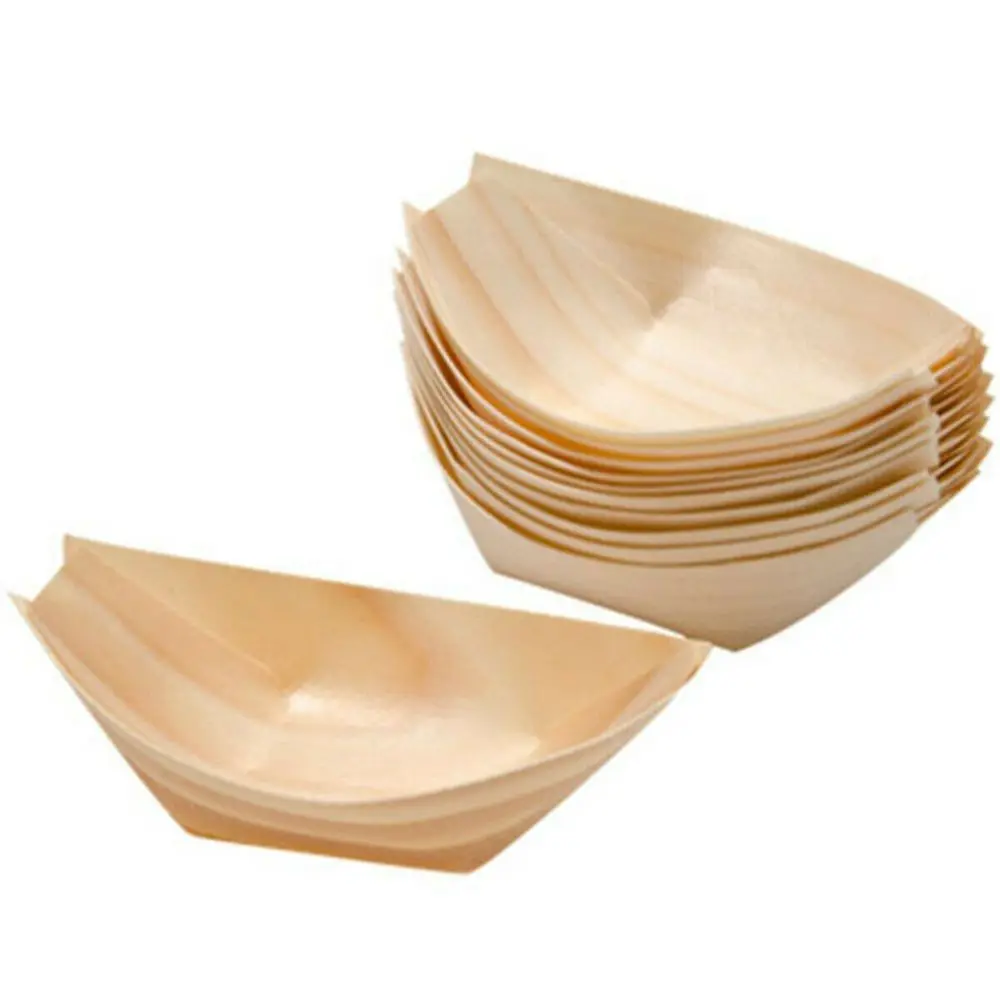 50pcs Wooden Boat Shape Plates Disposable Salad Dessert Pine Cake Snack Serving Bowl Natural Bamboo Sushi Food Plate Tray,party tableware