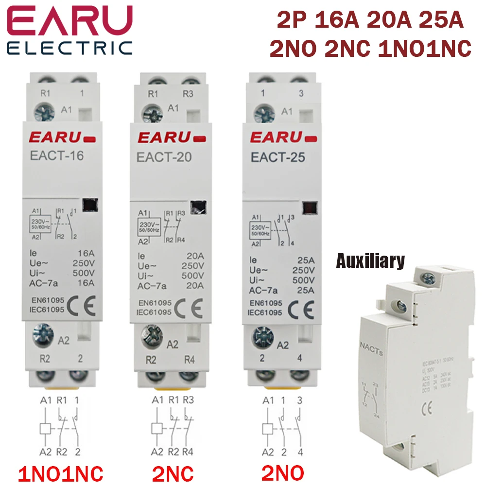 Din Rail Mounted Household Modular AC Contactor 2P 16A 20A 25A 2NO 2NC 1NO 1NC AC220V AC230V 50/60Hz For Smart Home House Hotel