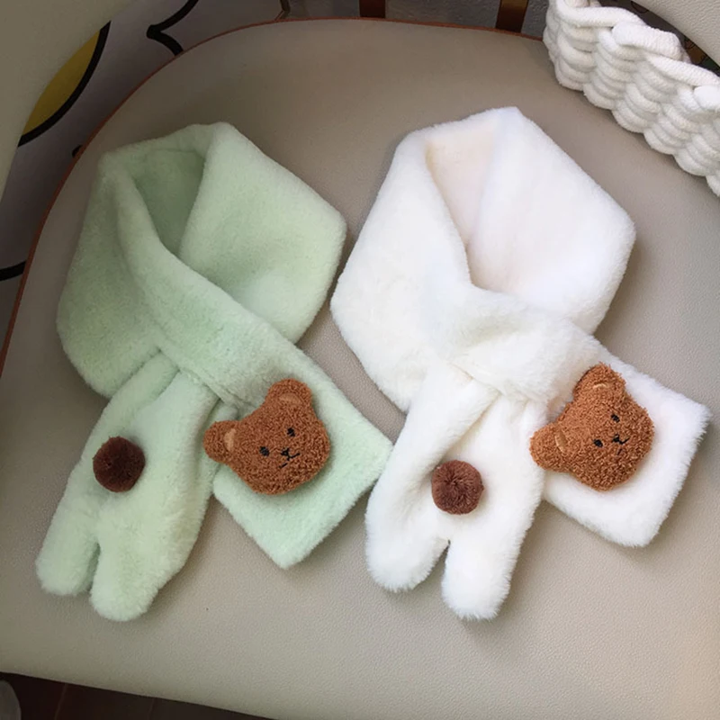 Cartoon Bear Baby Scarf Autumn Winter Warm Soft Plush Scarves For Boys Girls Korean Kids Cross Neckerchief