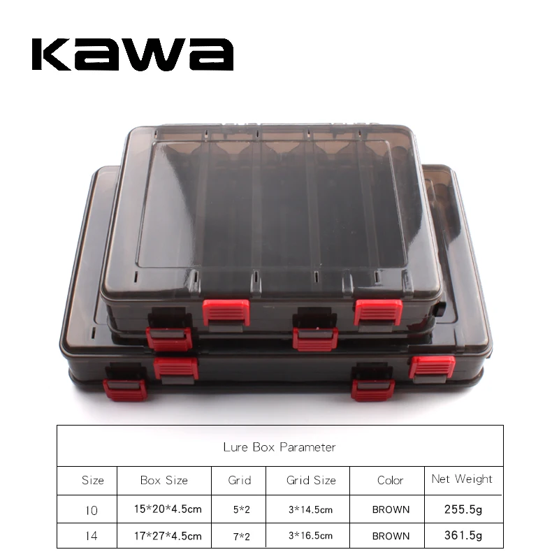 Kawa New Fishing Double Sided 14/10 Compartments Brown Fishing Box High Strength Transparent Visible Plastic Box With Drain Hole