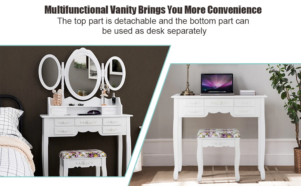 Schminktisch-Set mit dreifach klappbarem Spiegel und gepolstertem Hocker