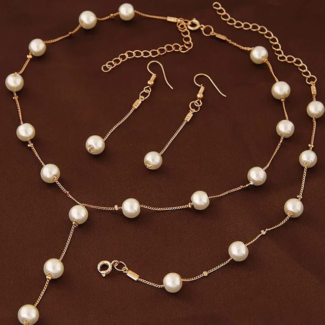 Luxury Fashion Pearls Jewelry Set for Women Long Pendant Necklace Drop Hook Earrings Chain Bracelet Set Sweet Costume Jewelry