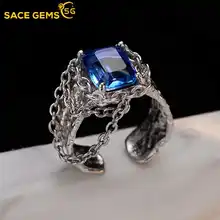 

SACE GEMS Light Luxury Unique Women Ring S925 Sterling Silver Inlaid Blue Tourmaline Texture Chain Opening Index Finger Ring