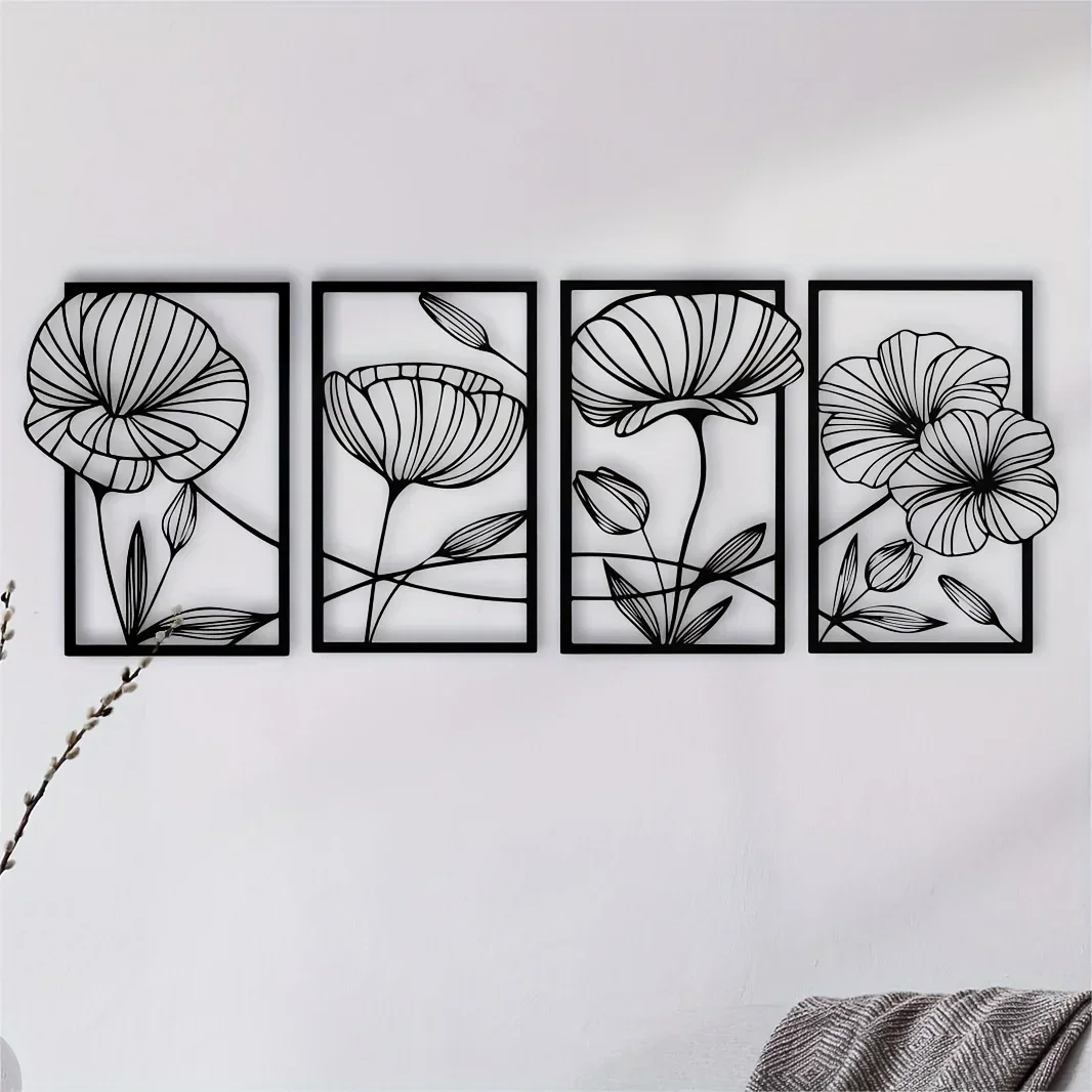 

metal iron 4pcs Metal Lotus Flower Wall Mounted Decor, Abstract Floral Aesthetic Splicing Line Art, Minimalist Wall Hanging Scul