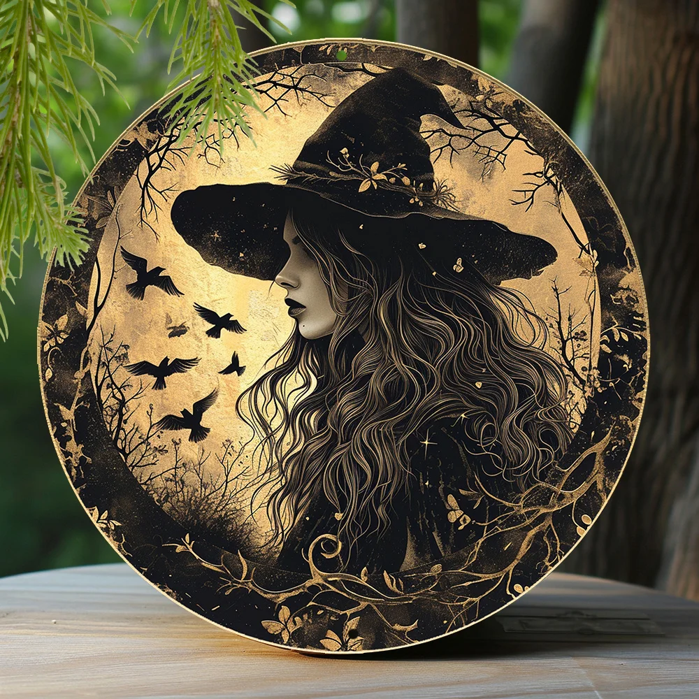 

Round Metal Sign Faux Foil Stamping Papercut Art Painting Round Wreath Kitchen Decor Mothers Gifts Gothic Witch Theme Decoration