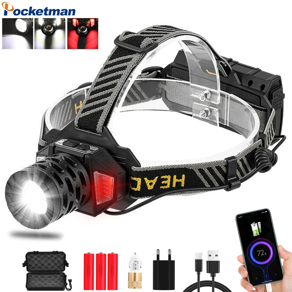 

Super Bright LED Headlamp White/Red Light USB Rechargeable Headlight Power Bank Function Waterproof Head Lamp for Camping Hiking