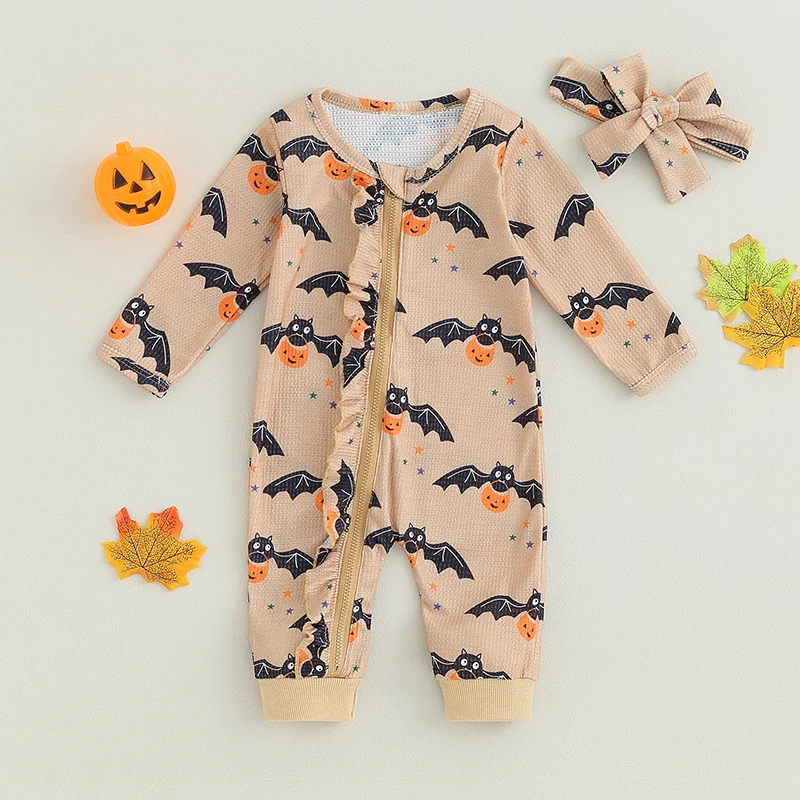 

Newborn Baby Girl Boy Halloween Kids Romper Fall Winter Long Sleeve Pumpkin Bat Print Full Zip Jumpsuit Infant Outfits Clothing