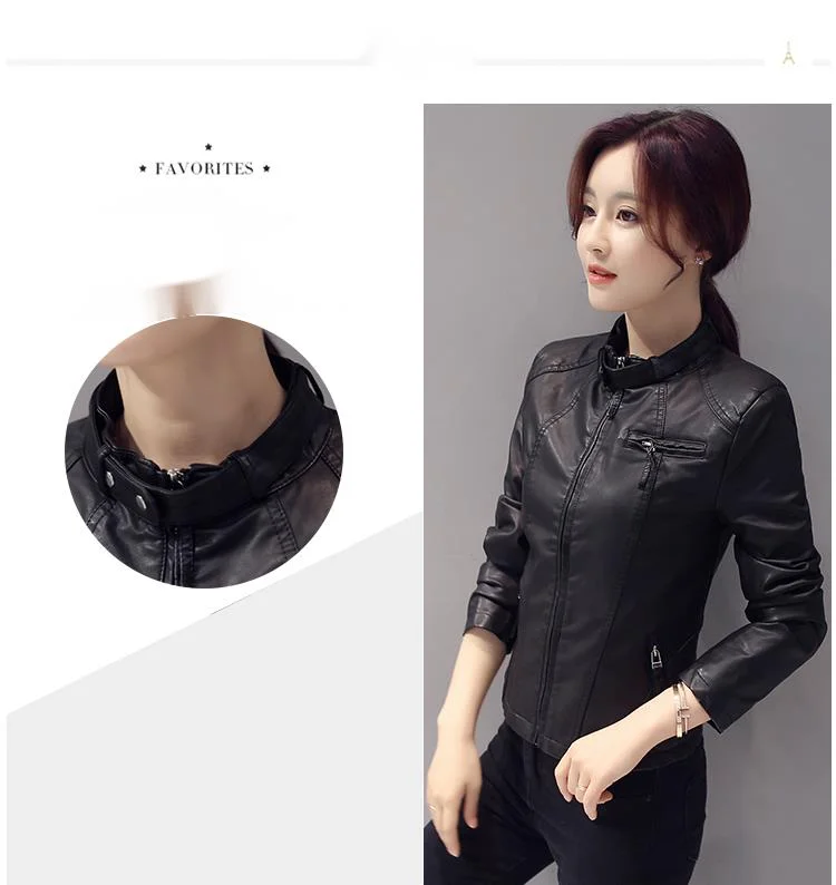 Long sleeved short washed slim fit 2024 spring and autumn zipper stand collar commuting PU leather jacket_voghion.com