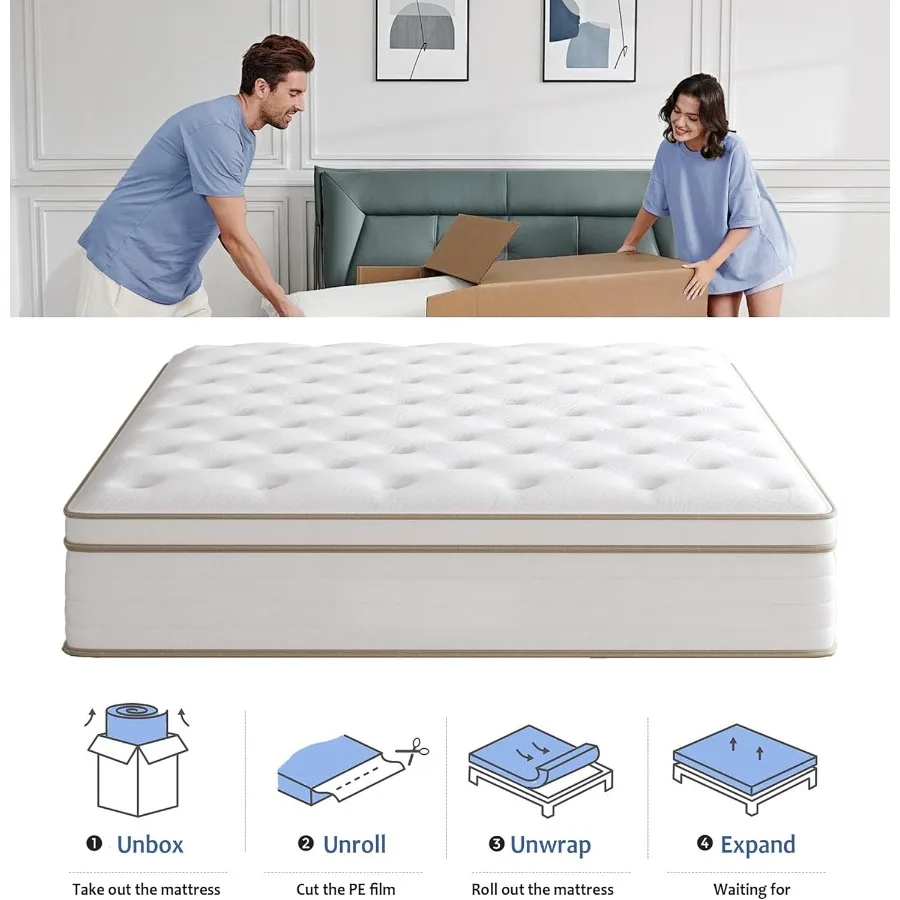 Queen Size Mattress 10 Inch Grey Memory Foam Hybrid Queen Mattresses in a Box with Individual Pocket Springs for Enhanced Breat