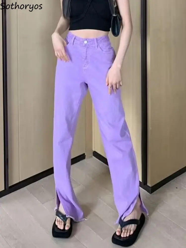 

Jeans Women Daily Loose Wide Leg Trendy Slit Retro Elegant All-match Casual Korean Style High Waist Simple Designed Ladies New