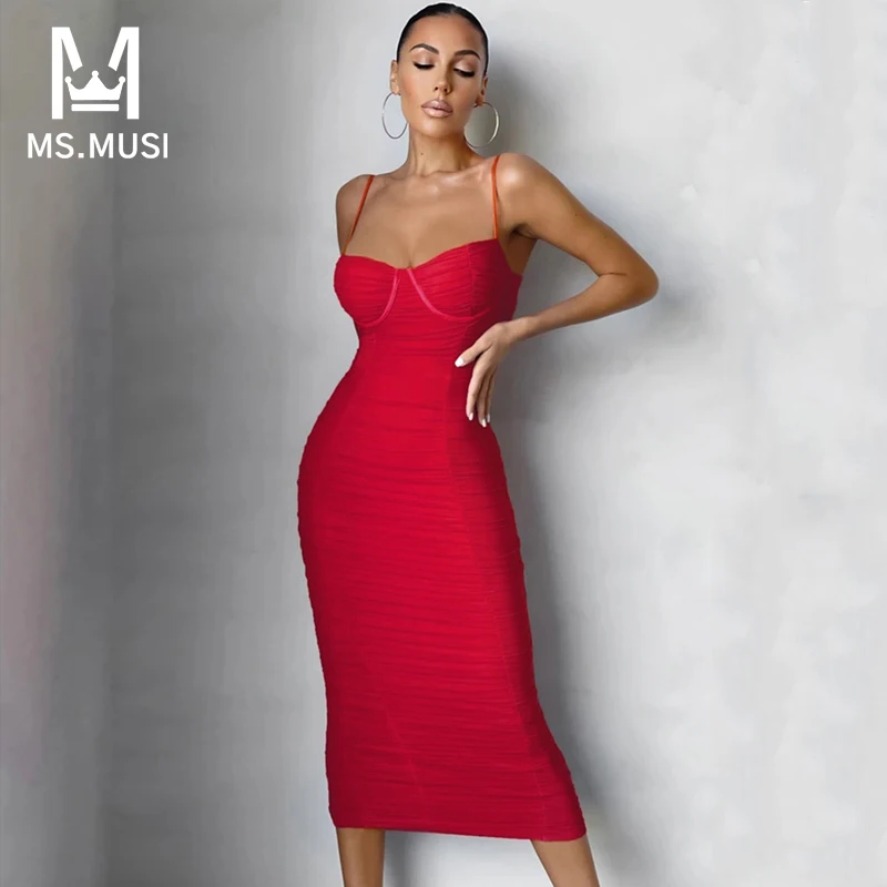 

MSMUSI 2023 New Fashion Women Sexy Strap Lace Mesh Fold Sleeveless Backless Bandage Party Club Bodycon Event Midi Dress Vestidos
