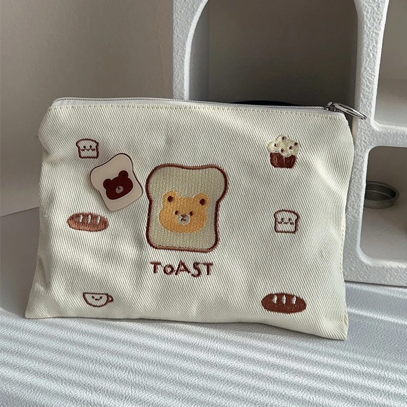 Women Canvas Cosmetic Bag Cute Embroidery Makeup Bags Girls Lovely Cloth Wallet Cotton Zipper Purse Storage Organizer Pencil Bag 2