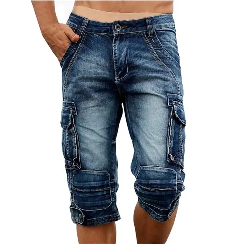Idopy Summer Male Retro Cargo Denim Shorts Vintage Acid Washed Sbiadito Multi-Tasche Stile Militare Biker Jeans Per Uomo