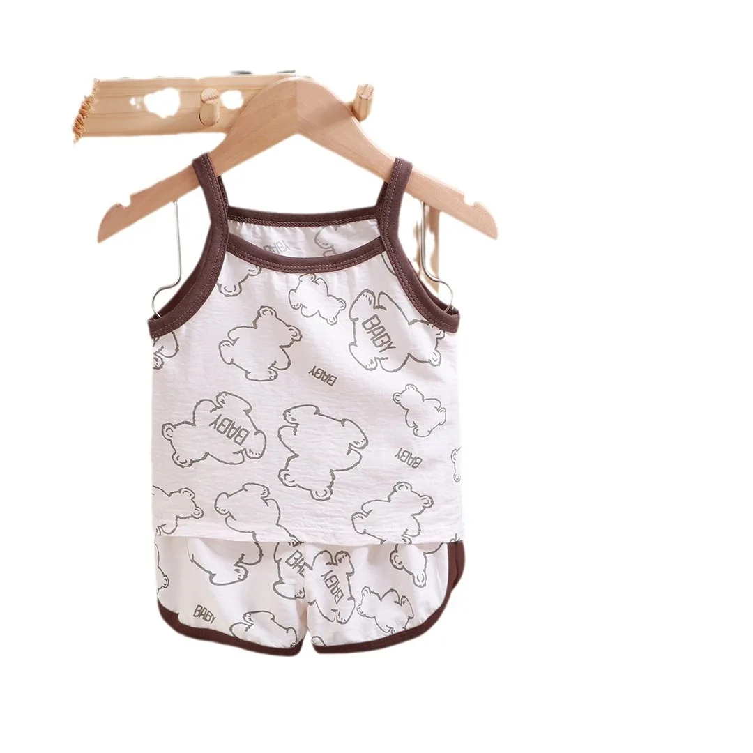 Summer Children Sling Shorts Set Fashion Flower Girls Kids Thin Breathable Pajamas Cute Cartoon Baby Toddler Home Clothes 5