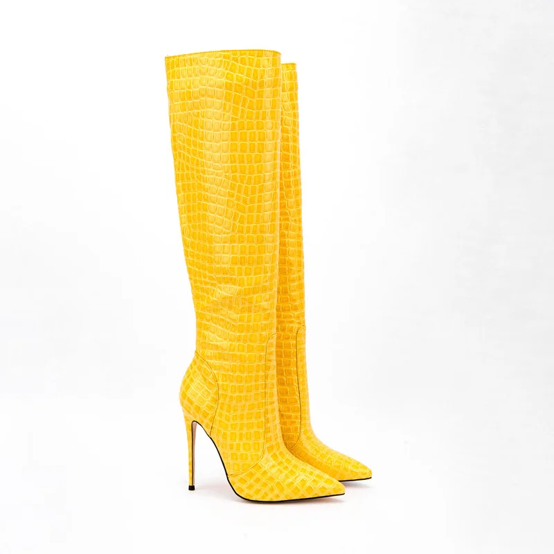 New Pointed Toe Fashion Riding Boots Autumn and Winter Plus Size 43 Zipper Fashion Boots Thigh High Yellow Green