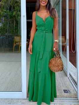 Ladies Fashion V-neck Spaghetti Strap Dress Women's Summer Boho Sleeveless Elegant Lady Casual Maxi Beach Party Dresses New 1