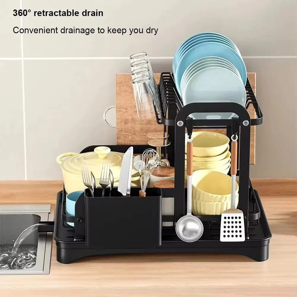 New 2 Tier Dish Bowl Drainer Storage Rack Kitchen Dish Drying Rack with Drain Basket Countertop Dinnerware Organizer Drainboard