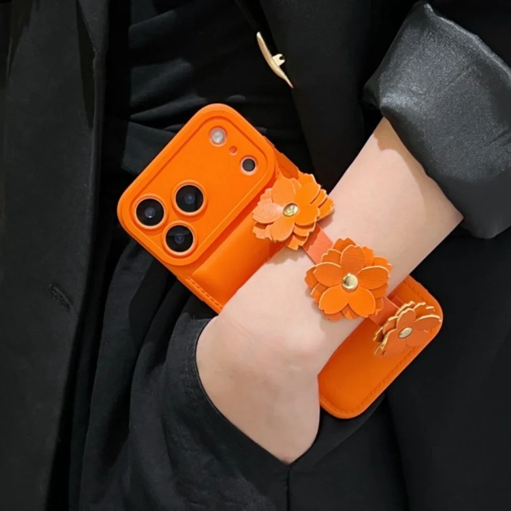 3D Camellia Wristband Down Jacket Phone Case - PU Leather Shockproof Cover