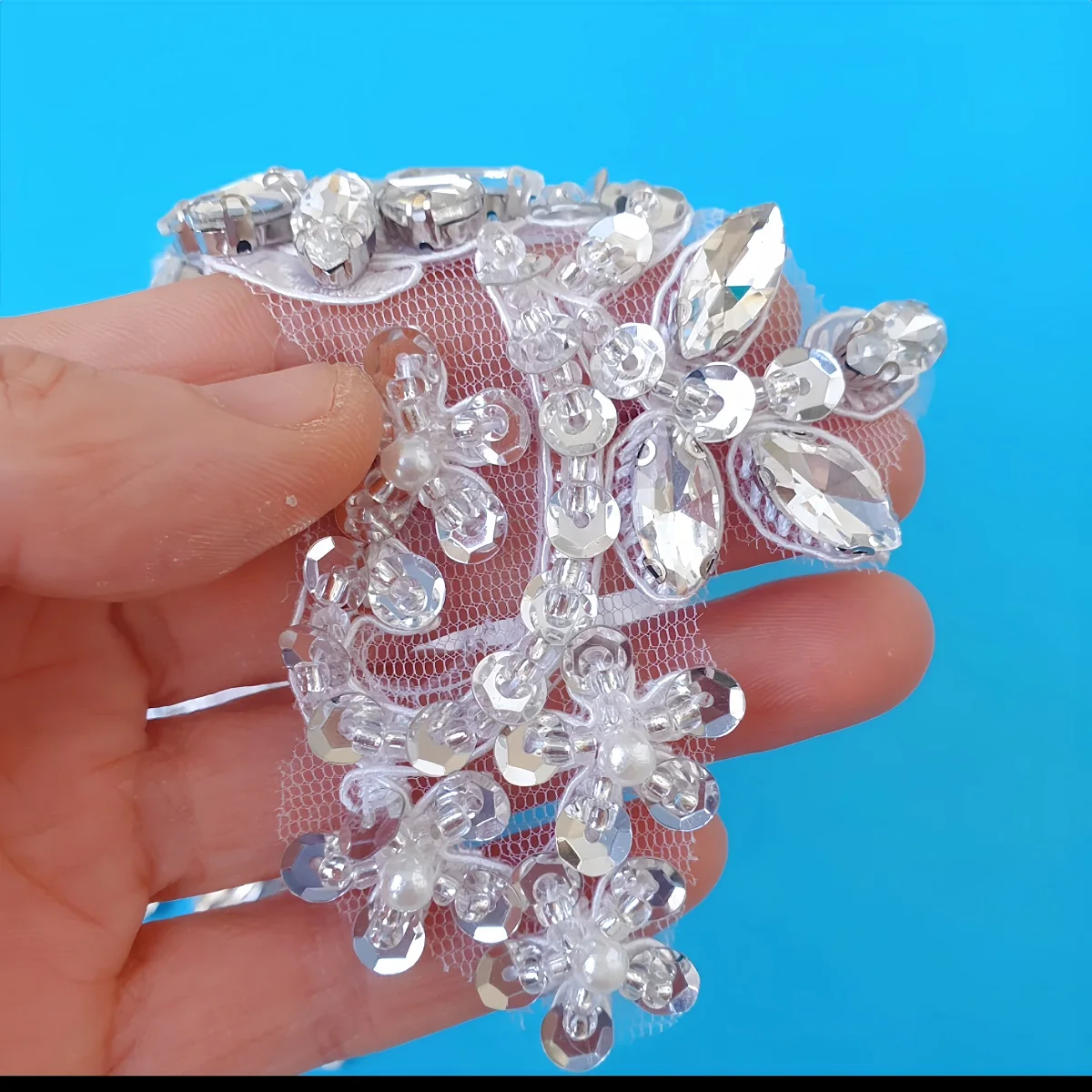 Pair GLASS 3D Crystal Rhinestones African French Lace Applique