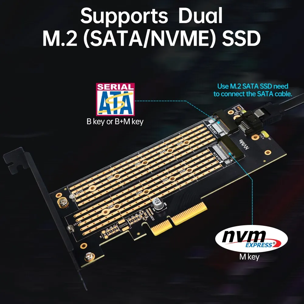 M.2 to PCIe Adapter JEYI Dual M.2 PCIE 4.0 for NVMe / NGFF SSD NVME (M Key) and SATA (B Key) SSD to PCIe X4 X8 X16 Slot for Desktop PC SK6 m.2 to pcie adapter