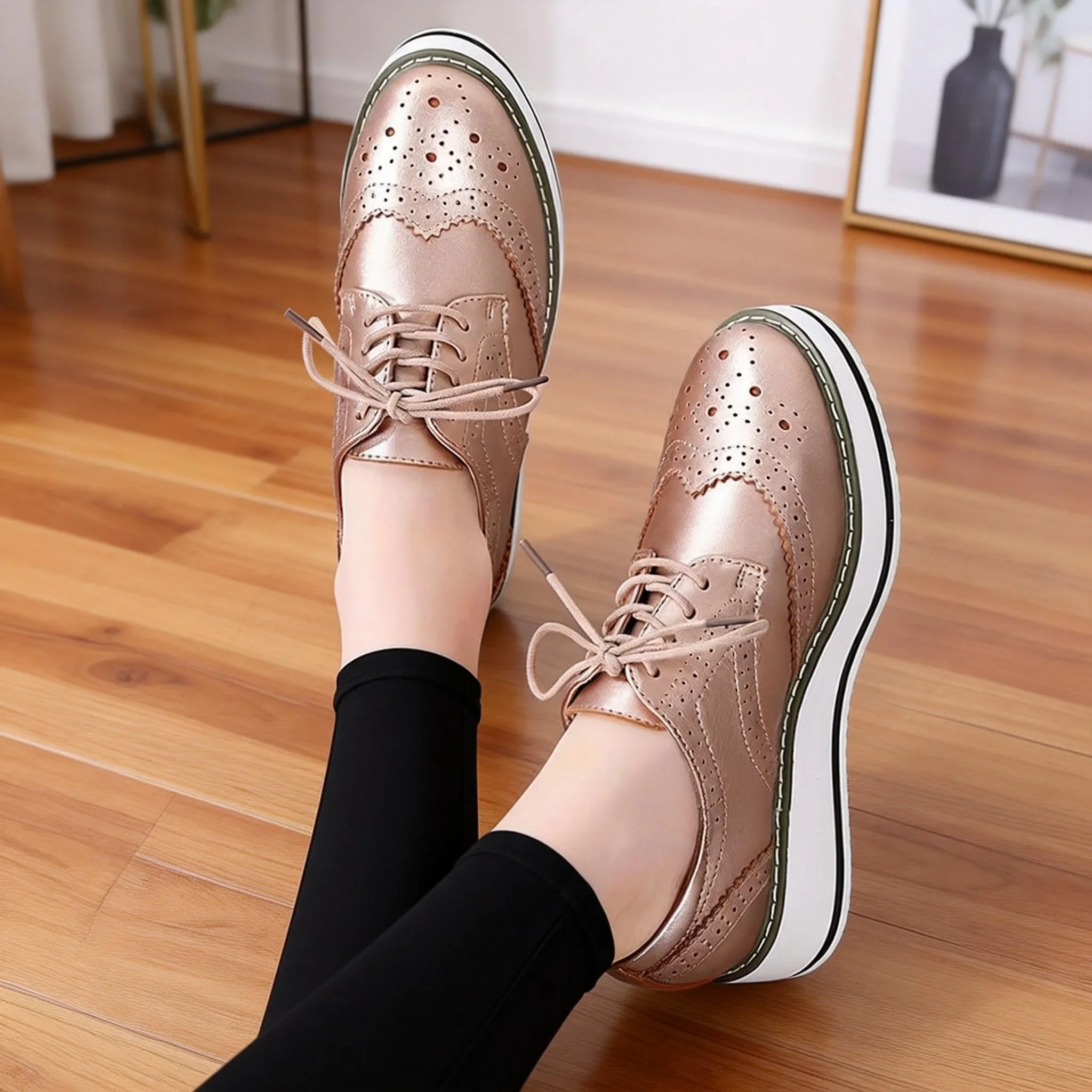 Women's Oxford Flats - Genuine Leather Wingtips Lace-Up Comfort Brogue  Derby Patent Platform Casual Shoes for Spring Autumn - AliExpress 322