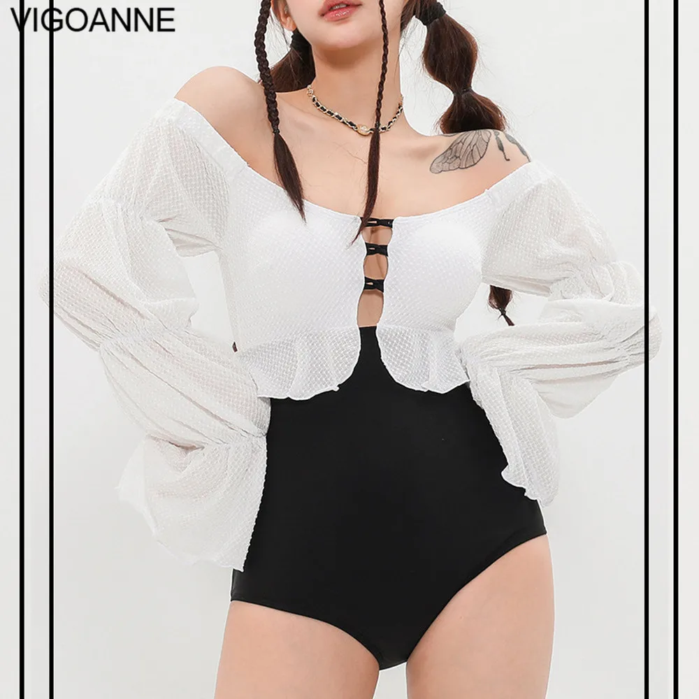 

VigoAnne 2024 Solid Patchwork Swimwear Women Long Sleeve One Piece Swimsuit Korean Closed Monokini Backless Beach Bathing Suit