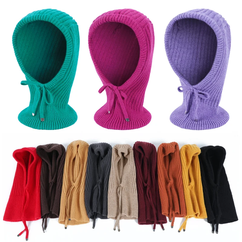 

Woolen Knitting Cap Scarf Women Knitted Balaclava Scarf Drawstring Beanie Hat Neck Warmer Hooded Scarves Collar Thicken Cap Bib