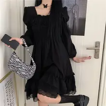 

Japanese Harajuku Dark Style Gothic Lolita Dresses Vintage Square Collar Lace Kawaii Dress Sweety Ruffles Hepburn Black Dresses