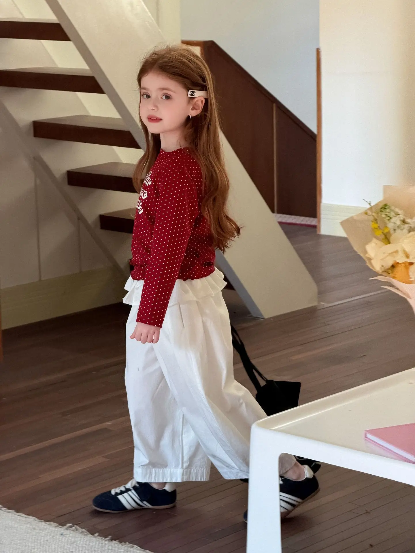 여아 상의 2026 봄 신상 미국식 폴카 도트 레터링 폴카 도트 프린트 캐주얼 패션 데일리 스타일리쉬 만능룩