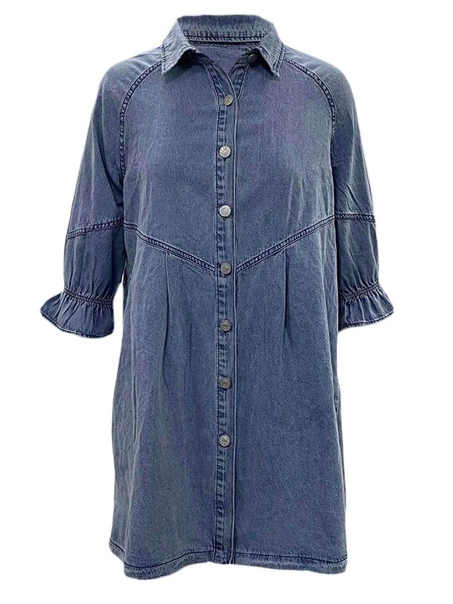 

Women’s Denim Long Shirt Dress Fashion 3 4 Lantern Sleeve Solid Color Lapel Button High Waist Loose Jean Dress
