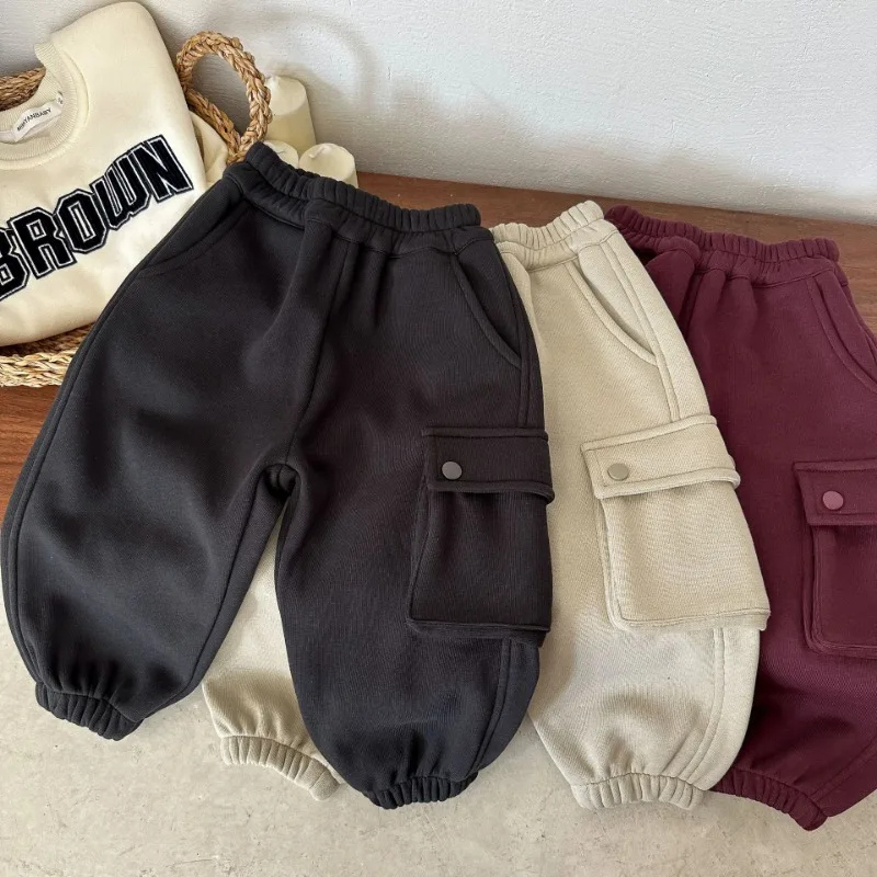 

Winter Kids Trousers solid color Fleece Lining Boys cargo pants Girls thicken warm loose casual pants