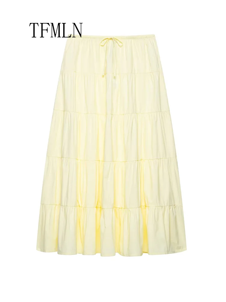 TFMLN Elegant Women Solid Tierred Pleated Skirts 2025 Summer Causal Beach Patchwork Drawstring Skirts High Street A-line Skirts