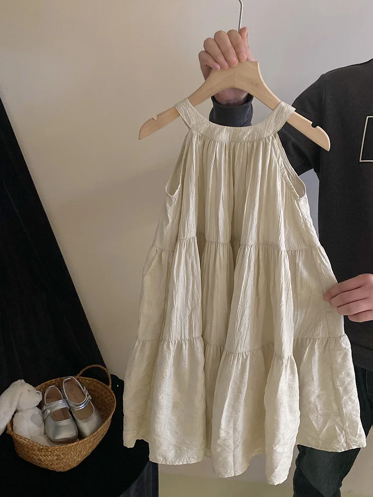

Girls' Loose Western Style Dress2024New Little Girl Casual Pure Color Halter Princess Dress Versatile Kids' Clothing Fashion-WS