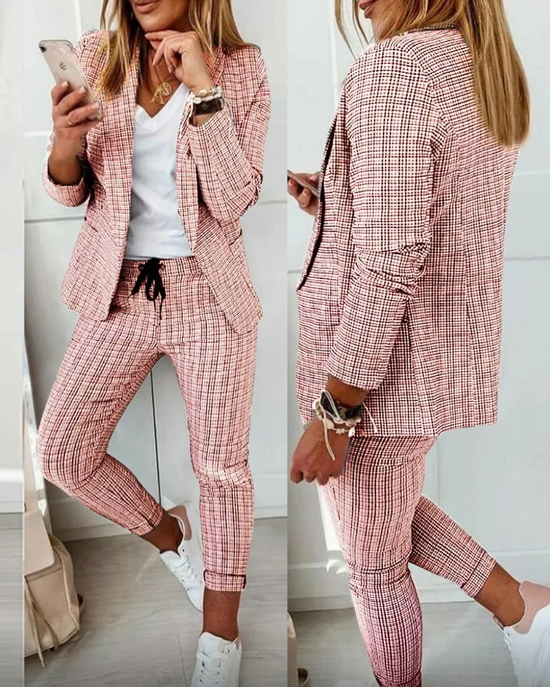 

2023 Checkered Casual Suit for Women Two Pieces for Women Simple Turndown Collar Lattice Blazer and Pants Set