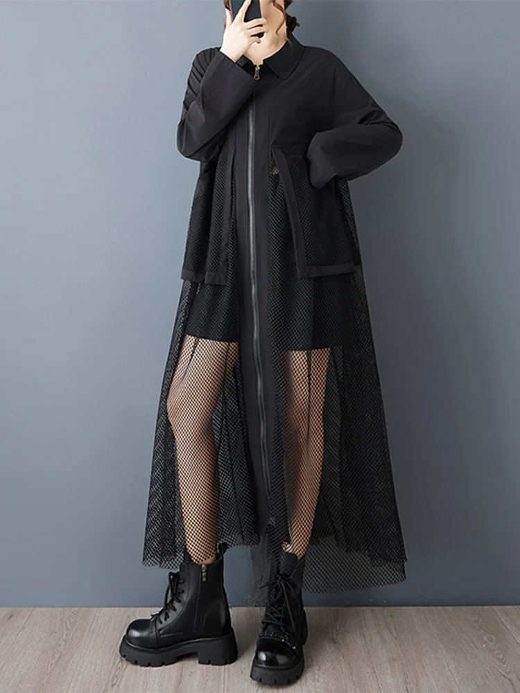 Mesh Patchwork Zipper Oversized Shirt Dresses For Women New Long Sleeve Loose Casual Vintage Dress Clothing Spring Autumn 2026