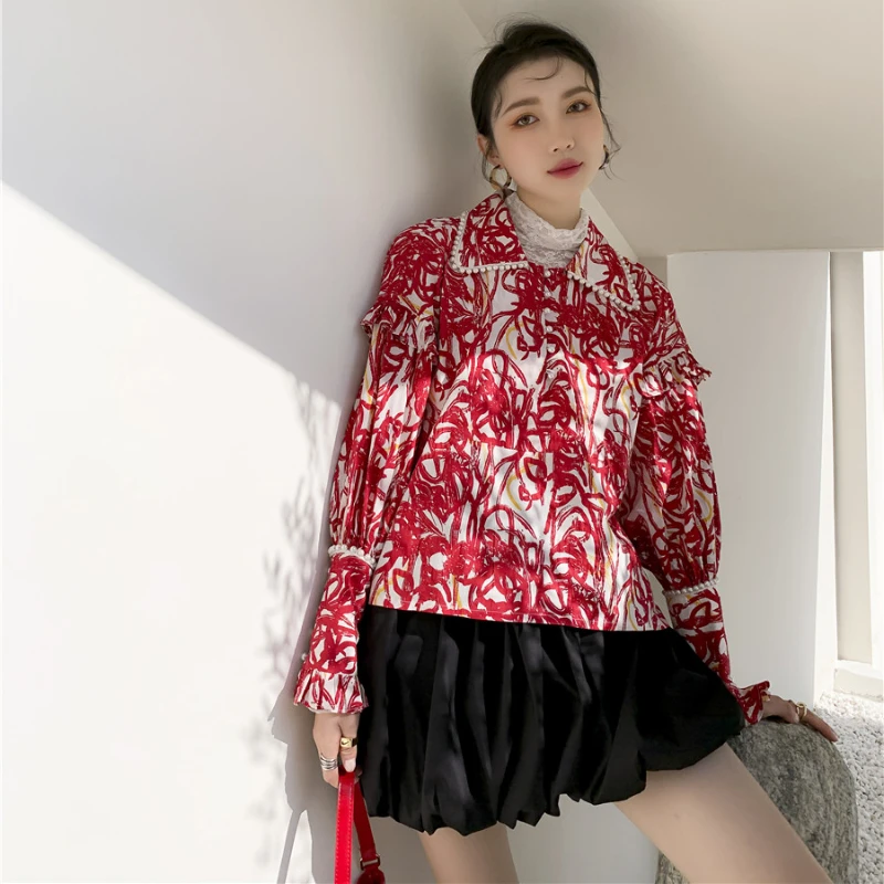 

ZCSMLL Весенняя 2022 Цветочная рубашка для женщин с длинным рукавом отложным воротником корейская мода с красным принтом повседневные женские блузки