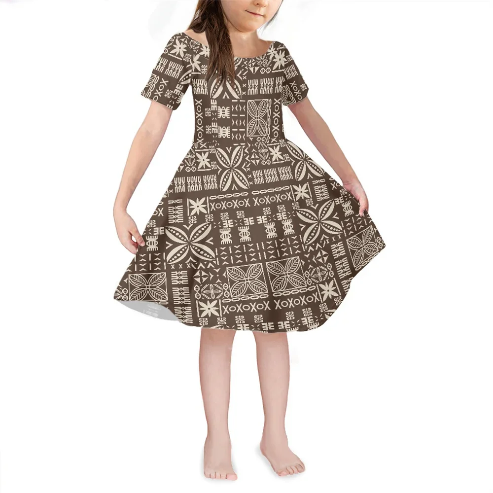 Factory Outlet Summer Girl Dresses 2023 Custom Polynesian Tribal Clothes Hibiscus Samoa Fijian Print Kid Party Knee-length Dress