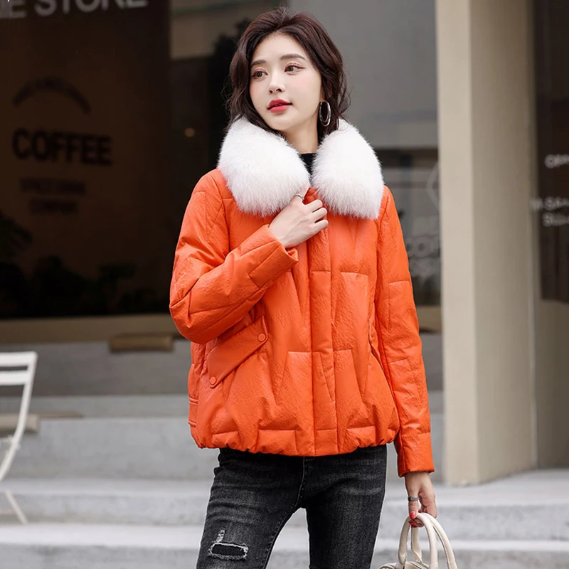 New Women Real Fox Fur Collar Leather Down Jacket Winter Fashion Casual Loose Warm Sheepskin White Duck Down Coat Split Leather