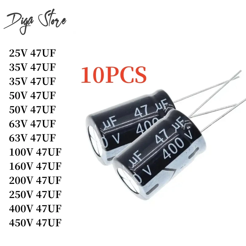 

Aluminum electrolytic capacitor 47UF 25V 35V 50V 63V 100V 160V 200V 250V 400V 450V high frequency low resistance long life 10PCS