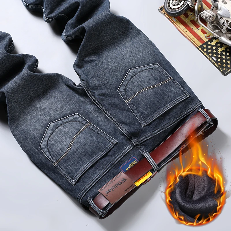 New Winter Business Men's Jeans Plush Straight Stretch Fashionable Pants for Mens Blue Black Work Denim Trousers