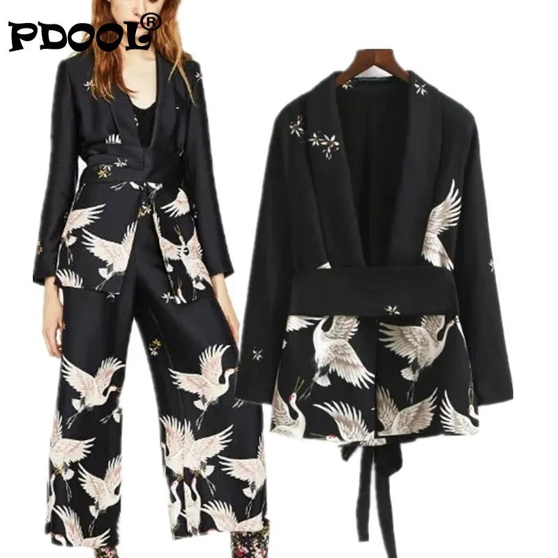 New Spring/Autumn Women Vintage Clothing Set Printed Blazer Wide Leg Retro Pant Female Bird Outfit Suits Women's Office Lady