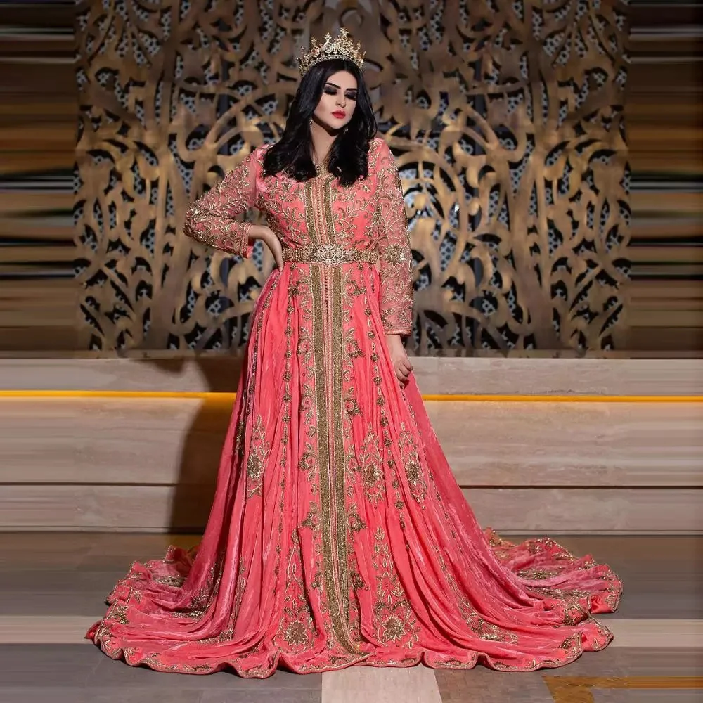 

Pink Muslim Evening Dress for Women A-line V-neck Long Sleeves Appliques Party Formal Occasion للحفلات الراقص فساتين سهره فاخره