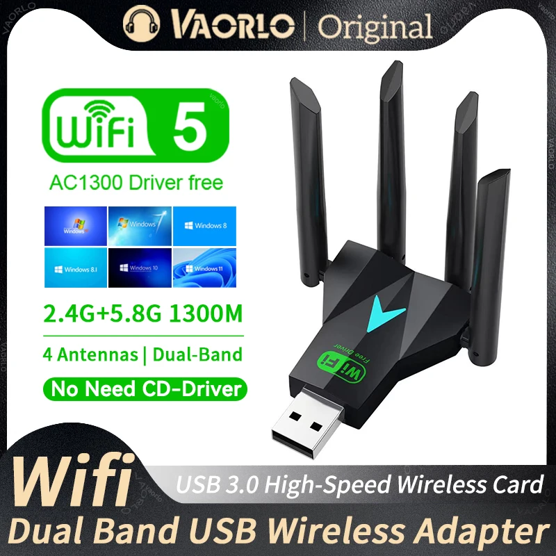 VAORLO 1300Mbps WiFi USB Adapter Dual Band 2.4G/5Ghz Wi-Fi Dongle USB3.0 High-Speed 802.11AC 4-Antennas Wireless Receiver Driver Free