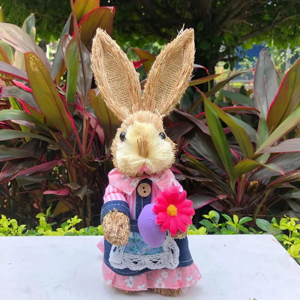 Cute Straw Rabbits Handmade DIY Garden Statues Gift Hand Weave Landscape Rabbit Statue 25cm