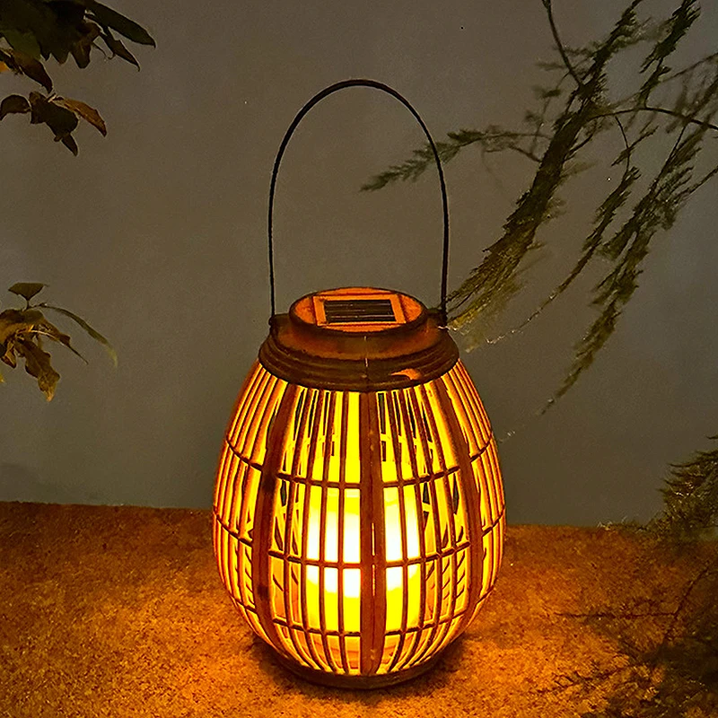 

New Outdoor Solar Rattan Lantern Courtyard Balcony Garden Villa Decoration Candle Lights Creative Atmosphere Bamboo Chandelier