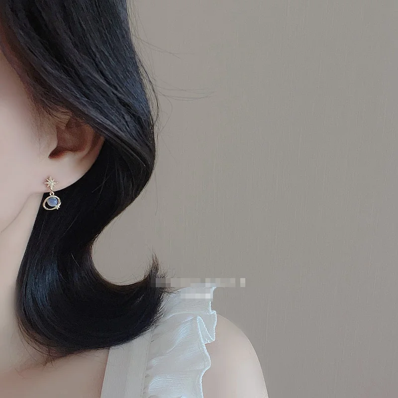 Exquisite Blue Cat's Eye Stone Moon Star Planet Earrings Creative Univers Star River Earrings Sweet Bowknot Stud Earring Gifts - Image 5